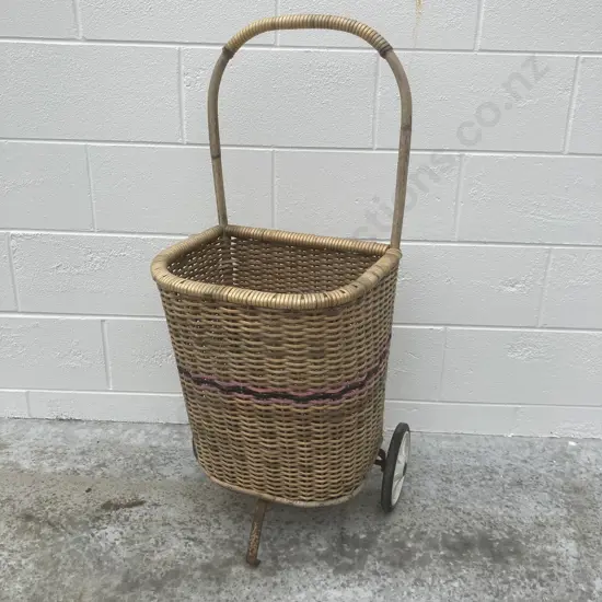 Vintage Cane Shopping Trolley, H95 W40 D33cm