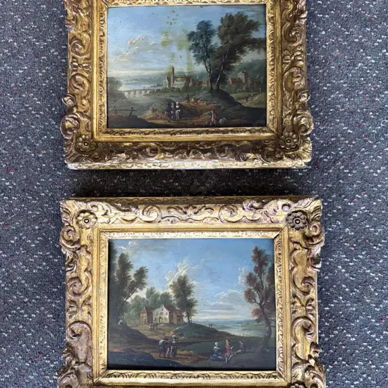 Pair of Antique Original Paintings on Tin, Gilt Framed, 34 x 29cm