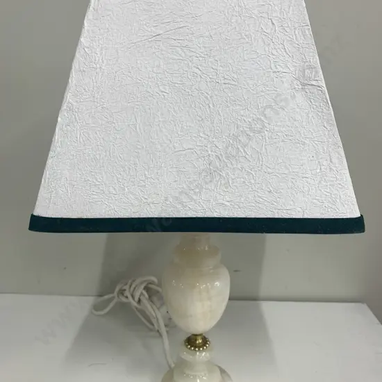Vintage Marble Based Table Lamp With Square White Shade With Green Trim H40cm