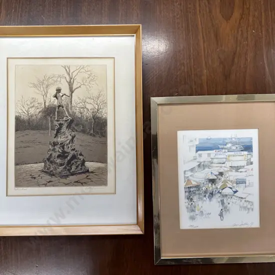 Framed Artwork Including Original Etching Of Peter Pans Statue With Framed Water Colour Signed? 124/1000