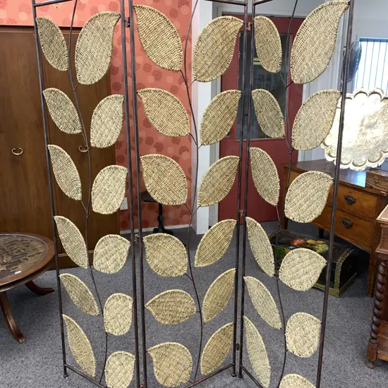 Woven Rattan & Steel 3 Partition Dress Screen, 174.5 x 150cm