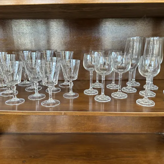 Shelf Lot Of Assorted Wine And Sherry Glasses