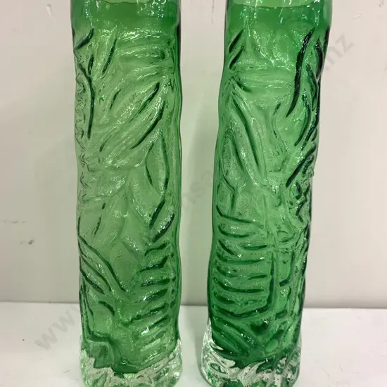 Pair Of Vintage Emerald Green Crinkle Vases H20cm