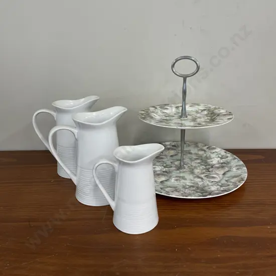 Maxwell Williams Misty Rose 2 tier Cake Stand with 3 ceramic white jugs