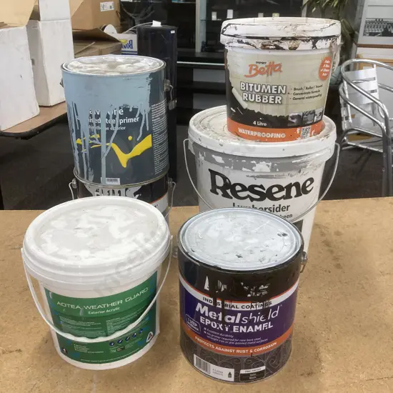 Lot of Part Pails Of Paint & Bitumen Rubber