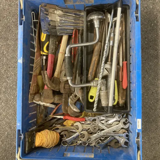 Box Lot Tools, Spanners, Pipe Wrenches, Hammers, Files, Brace & Bit, Augers Etc