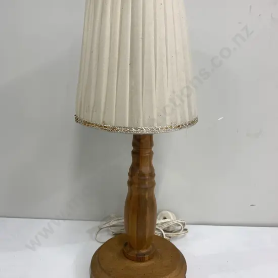 Vintage Table Lamp Round Wooden Base With Cream Pleated Shade H43cm