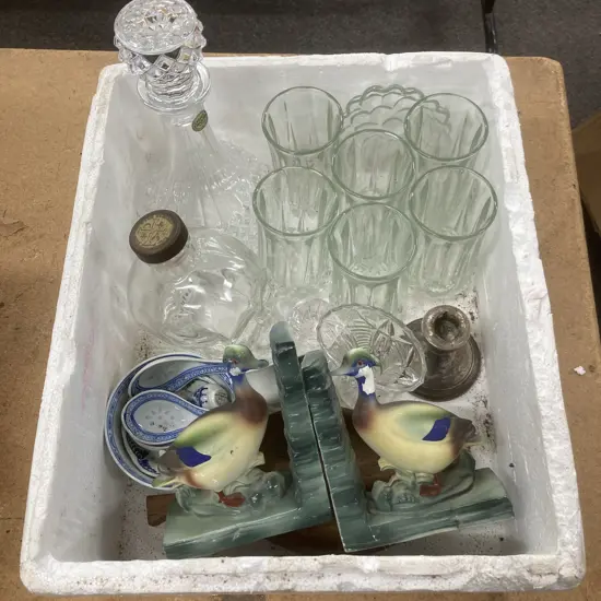Box Lot Crystal, Glassware, Bookends Etc