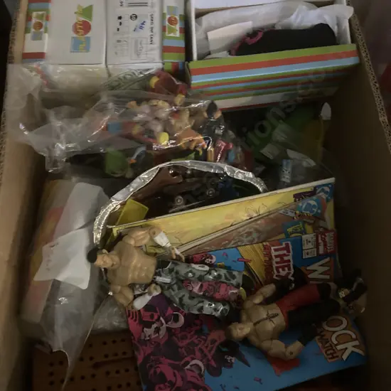 Box Lot Of Comics, Childrens Shoes, Toys Etc