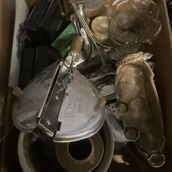 Box Lot Of Marble Rolling Pin, Flasks, Vases Etc