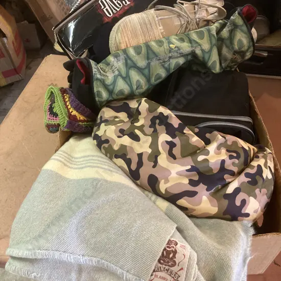 Box Lot Of Woollen Blanket, Selection Of Bags, Shoes Etc