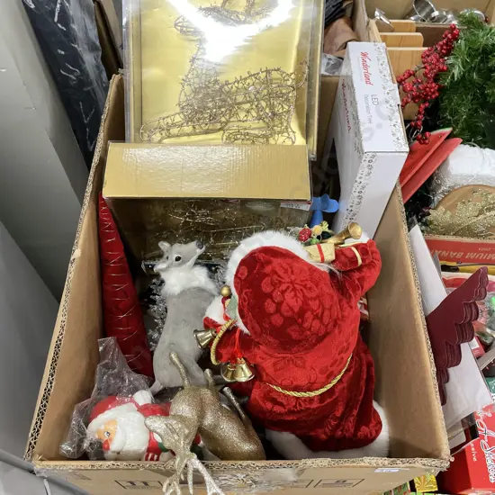 Box lot Of Christmas Items, Plates, Oven Mitts Etc