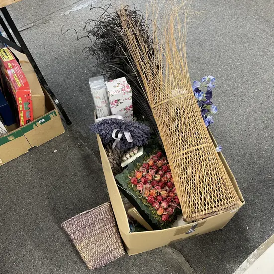 Box Lot Artificial Flowers, Cane Ware Etc