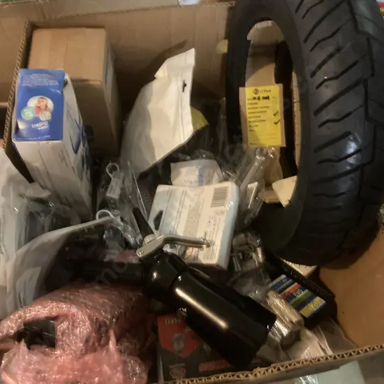 Box Lot Hardware, Shinko 90/90-10 m/c 50J Tyre, Spanners Etc