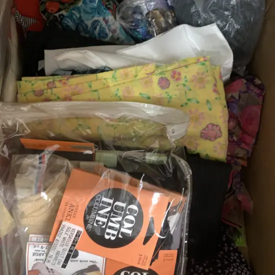 Box Lot of Fabric Pieces, Wool, Pantyhose, Socks Etc