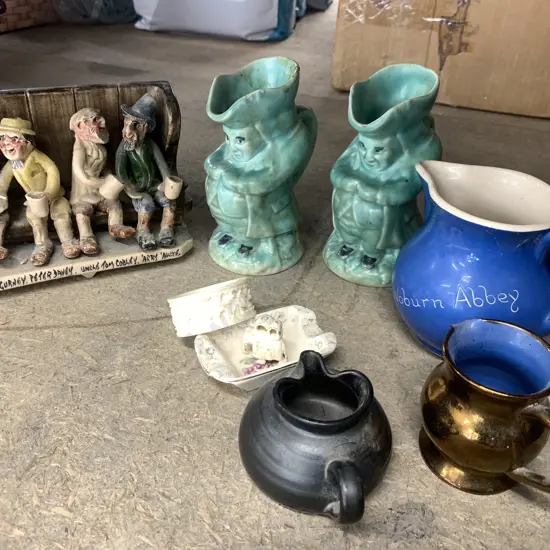 Selection Of China Items, Including Jugs x 3, Figurines Sitting On Bench, Toby Jugs, Etc (AF)