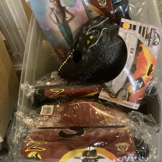 Clear Bin Childrens Dress-Ups, Zorro, Little Mermaid, Jurassic World Mask Etc