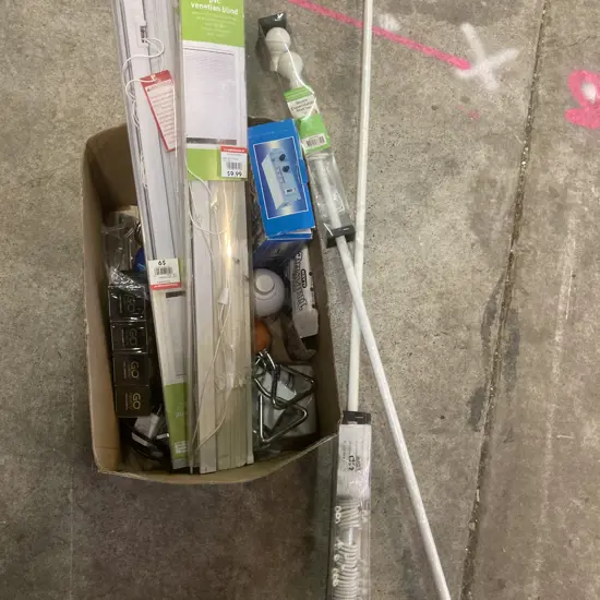 Box Lot Of PVC Venetian Blinds 60x150cm x2, 16mm Expandable Rod Set x2, Go Healthy Products Etc   