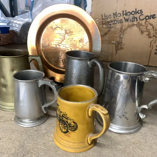 Selection Of Tankards, Mugs, Brass, Wade Etc & Copper Plate
