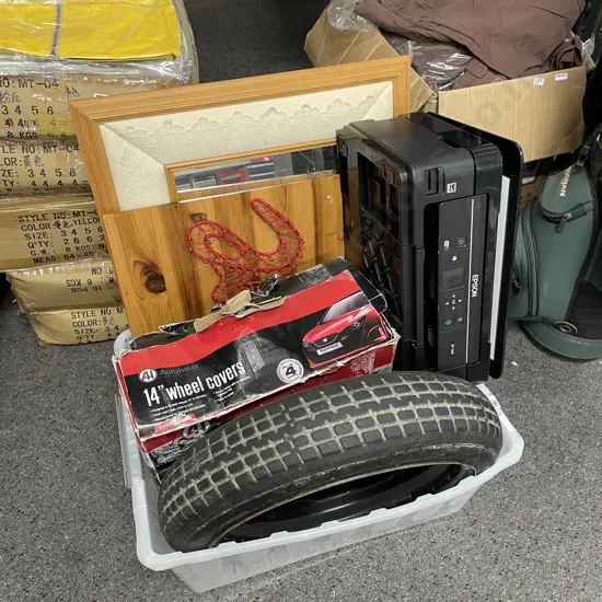 Box of Assorted including Toyo Wheel, Wheel Covers, mirror, Love artwork and Epson Printer