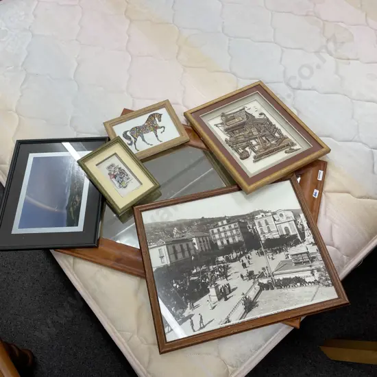 Wood Framed Rectangular Mirror, 62 x 47cm, With Selection of Framed Artwork