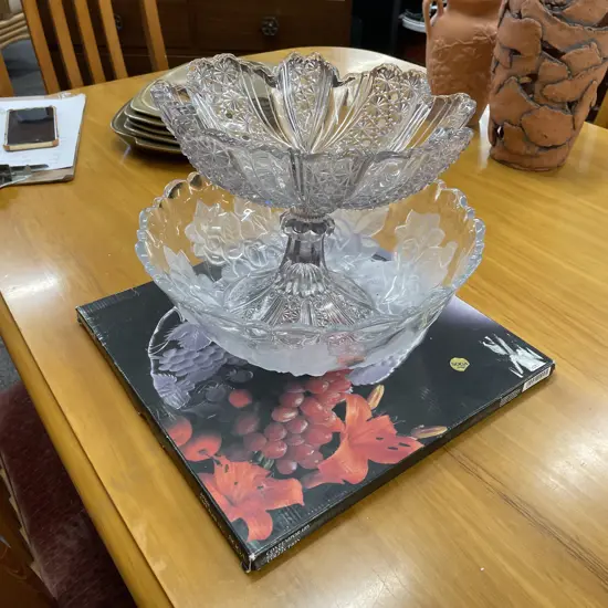 Vintage Glassware, Pedestal Bowl, Dessert Platter, Large Bowl