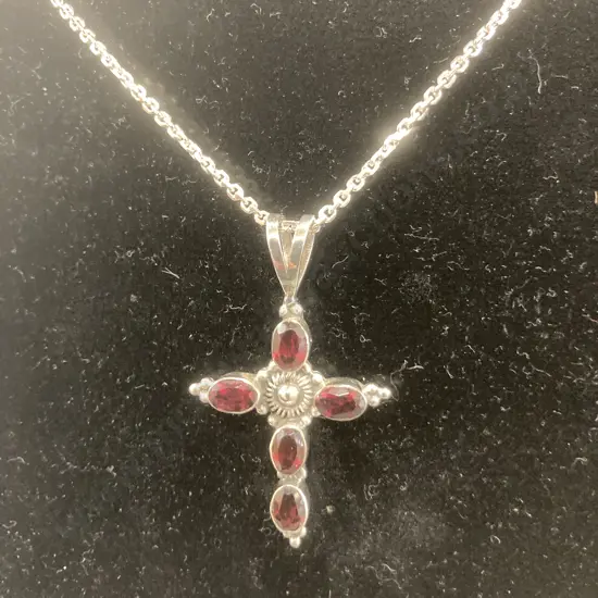 Sterling Silver Cross Necklace With Garnets