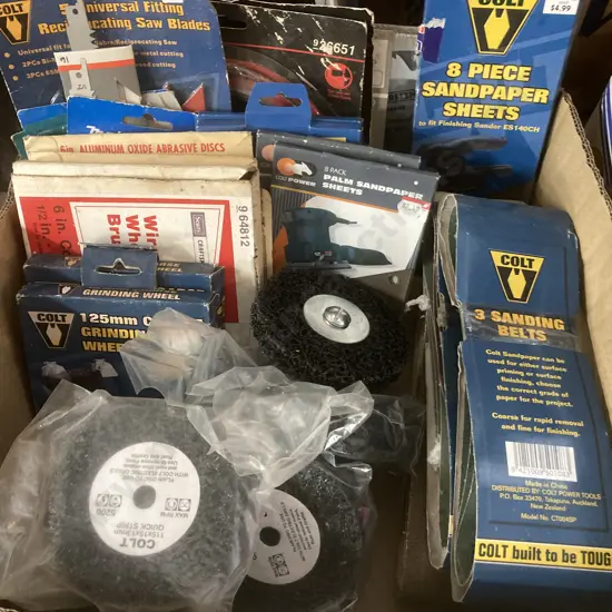Box Lot Sandpaper Sheets & Belts, Grinding Wheels, Wire Wheel Brush, Quick Strip Wheels Etc