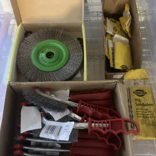 Clear Bin, New S/S Bench Grinder Wheels, Twist Drills & Steel Channel Scratch Brushes