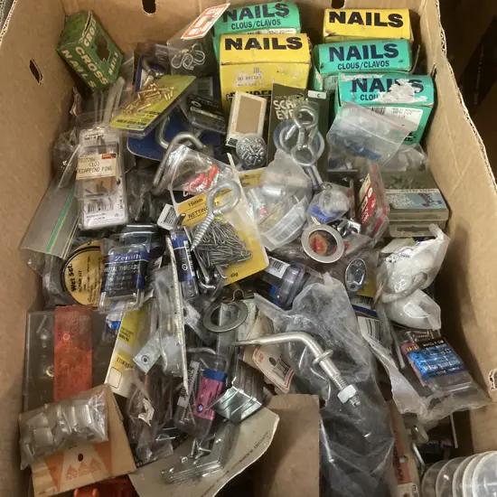 Box Lot Nails, Packets Screws, Washers, Brackets, Screw Eyes Etc