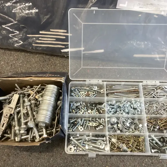 Sorter Box & Cardboard Box of Assorted Nails, Staples, Screws, Nuts & Bolts, Washers Etc