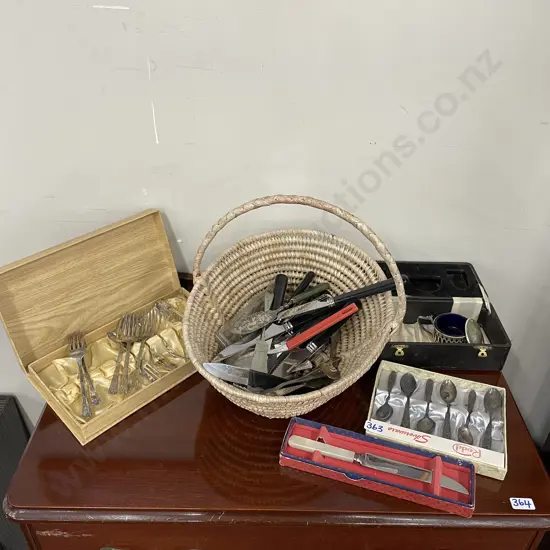 Basket of Vintage Cutlery with boxed sets