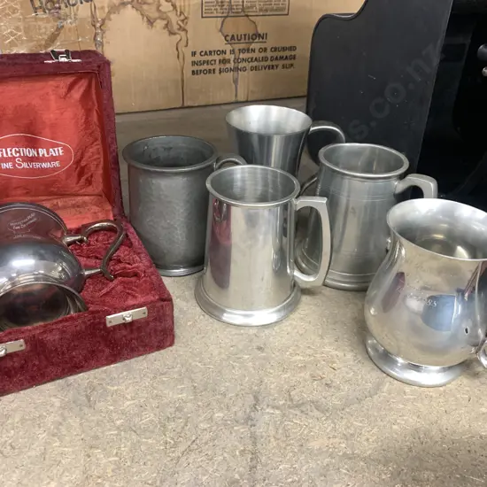Selection Of Tankards & Mugs, Pewter & Silverware