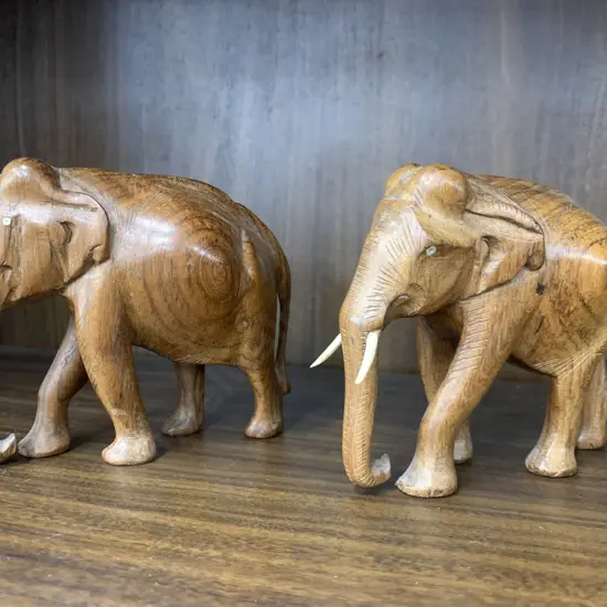 Pair Of Brown Wooden Elephants, 11 x 13cm