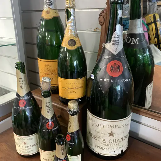 Vintage Moet & Chandon Champagne Bottles x Five, Heights 56 38 33 27 19cm & Vintage Veuve Clicquot Bottles, H48 & 39cm