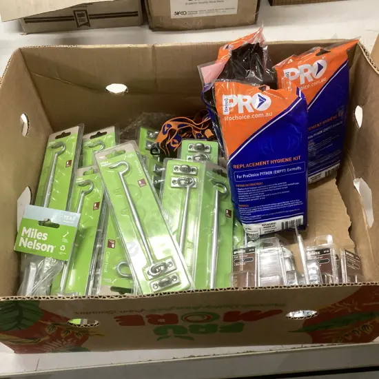 Box of Miles Nelson Cabin Hooks, Flat Washer Packs, Pro Choice Hygiene Packs Etc