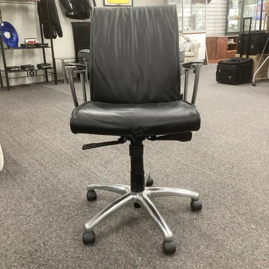 Mid Century Modern Style Black Leather High Back Executive Chair, Gaslift, Swivel & Tilt, Polished Steel, 5 Casters