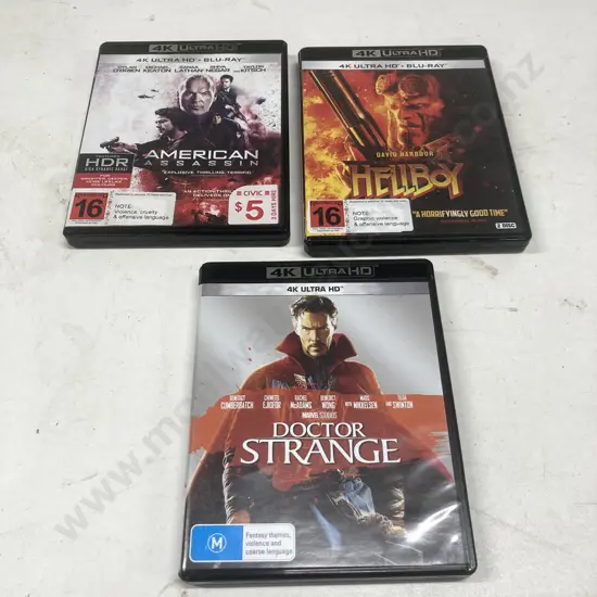 4K UltraHD x 3, Doctor Strange, American Assassin, Hellboy