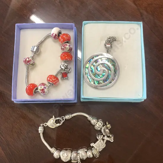 Assorted Costume Jewellery Including Charm Bracelets x2 And Paua Pendant Necklace