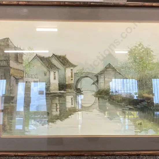 Bamboo Effect Framed Artwork of a Oriental Canal Scene, 51 x 67cm