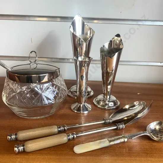 Assortment of Silver Plated Vases, Serving Cutlery, Sugar Bowl