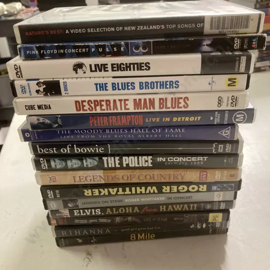 Lot of 16 DVDs, Pulse, Live 80s, The Police, Desperate Man Blues, Frampton, Bowie Etc