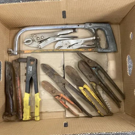 Box Lot Tin Snips, Vice Grips, Chisel, Hack Saw, Pot Riveter