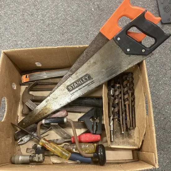 Box lot Chisels, Saws, Augers, Brace & Bit, Files, Pliers, Square Etc