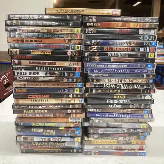DVDs x 55, Assorted Westerns, True Grit, Crazy Heart, Kung Fu, The Wild Bunch, Chisum, Next Of Kin, Etc