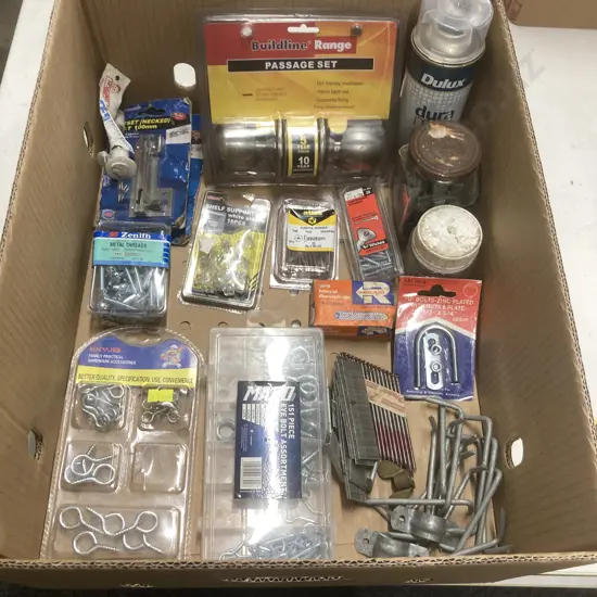 Box Lot Hardware, Z-Nails, Passage Set, Spray Paint, Etc