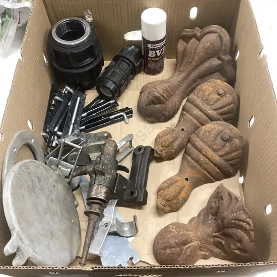 Box Lot Pipe Fittings, Bath Claw Feet, BV2 Fumigator, Hardware, Etc