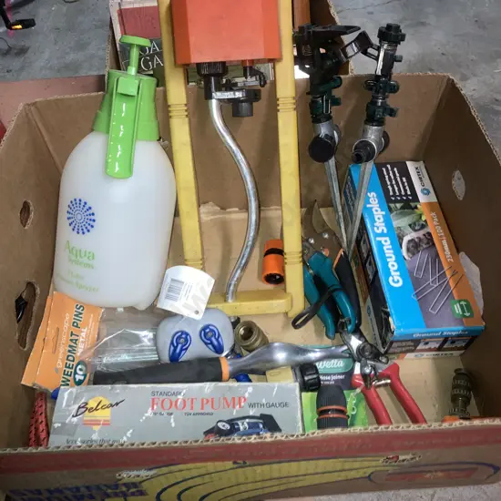 Box Lot Sprinklers, Hose Fittings, Secateurs, Ground Staples, Sprayer Etc