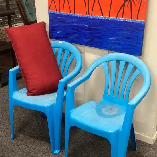 Pair of Sky Blue PVC Outdoor Chairs, Burgundy Cushion 67 x 36cm, Beach Scene Picture On Canvas, 60 x 90cm