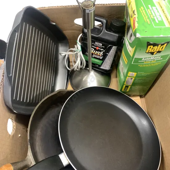 Box Lot Frypans x2, Skillet, Raid Control System Etc